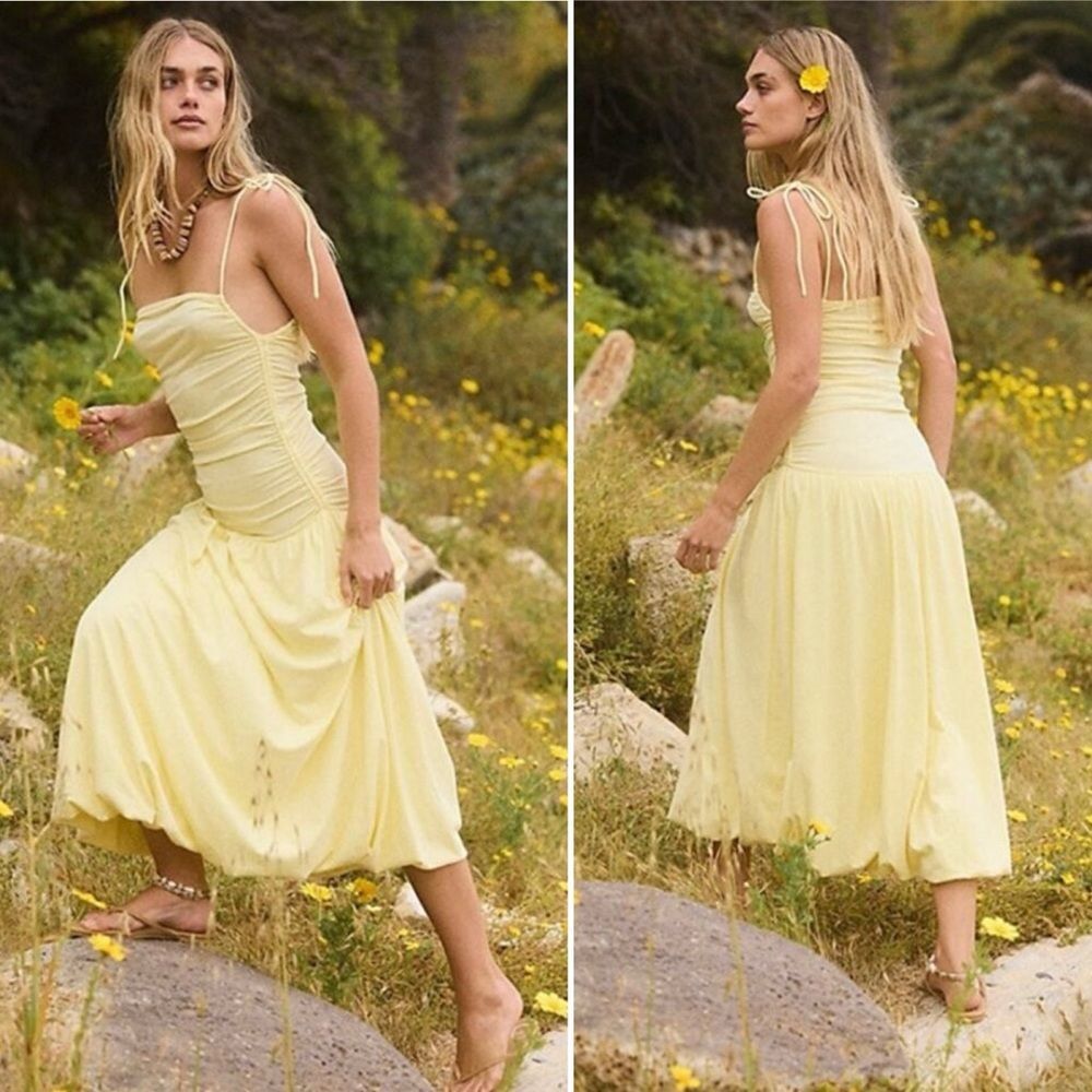 New FP Beach Liza Drop Waist Midi Yellow Sleeveless Dress M